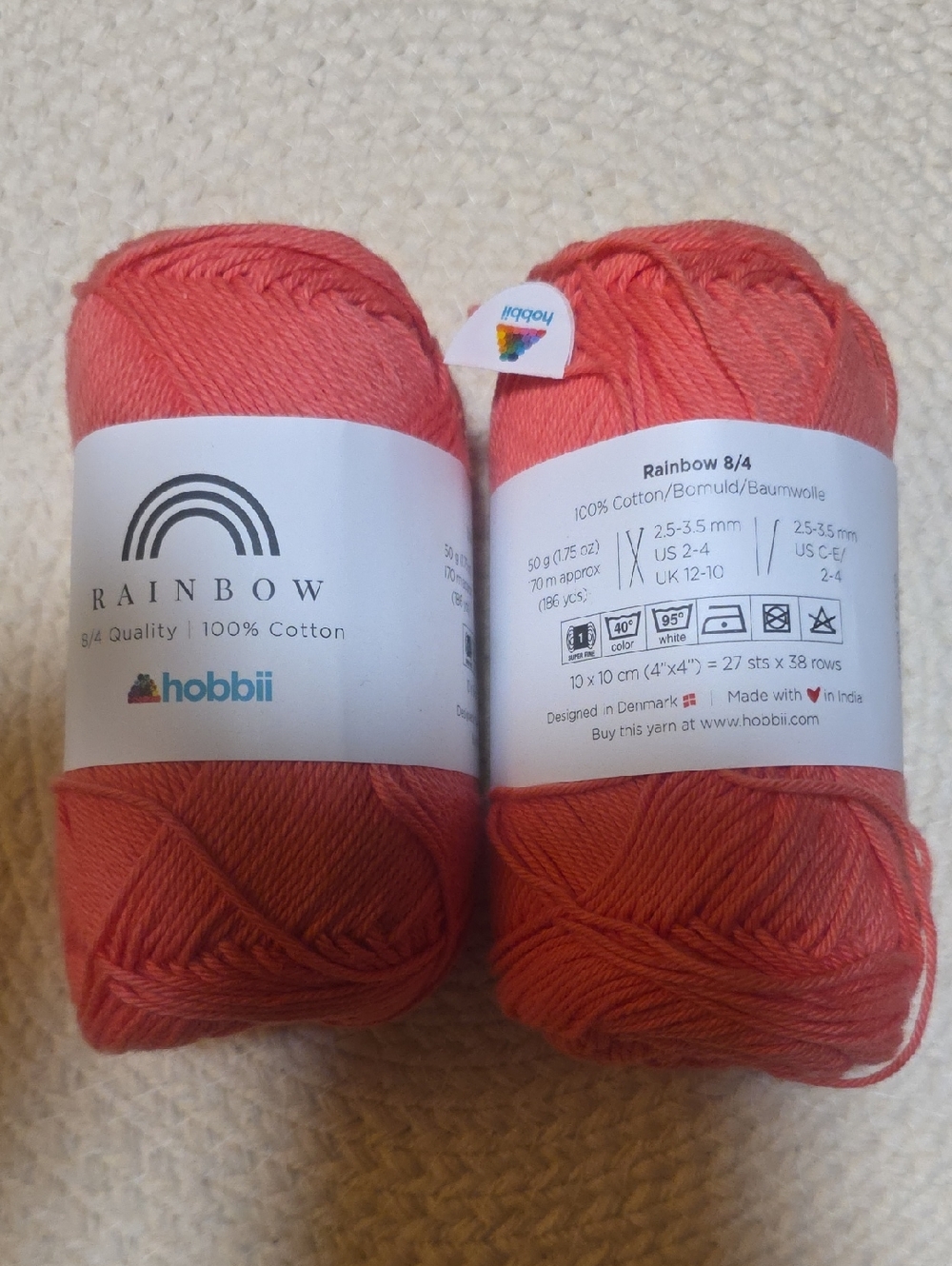 Hobbii Rainbow 100% Cotton Yarn - Coral Pink